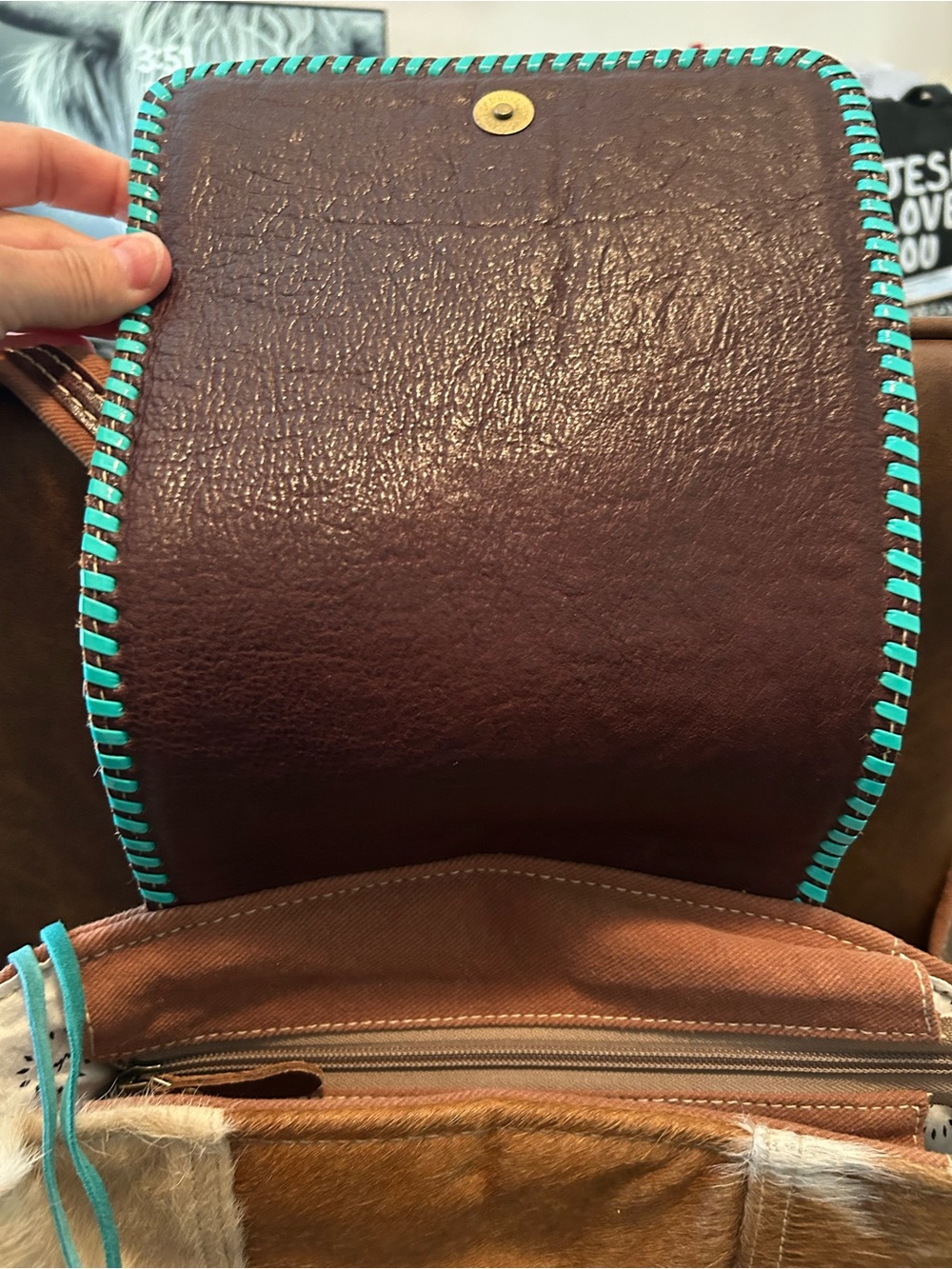 Myra bag Hair on Hide & Fringe Turquoise & Brown Southwestern backpack NEW - Picture 3 of 7